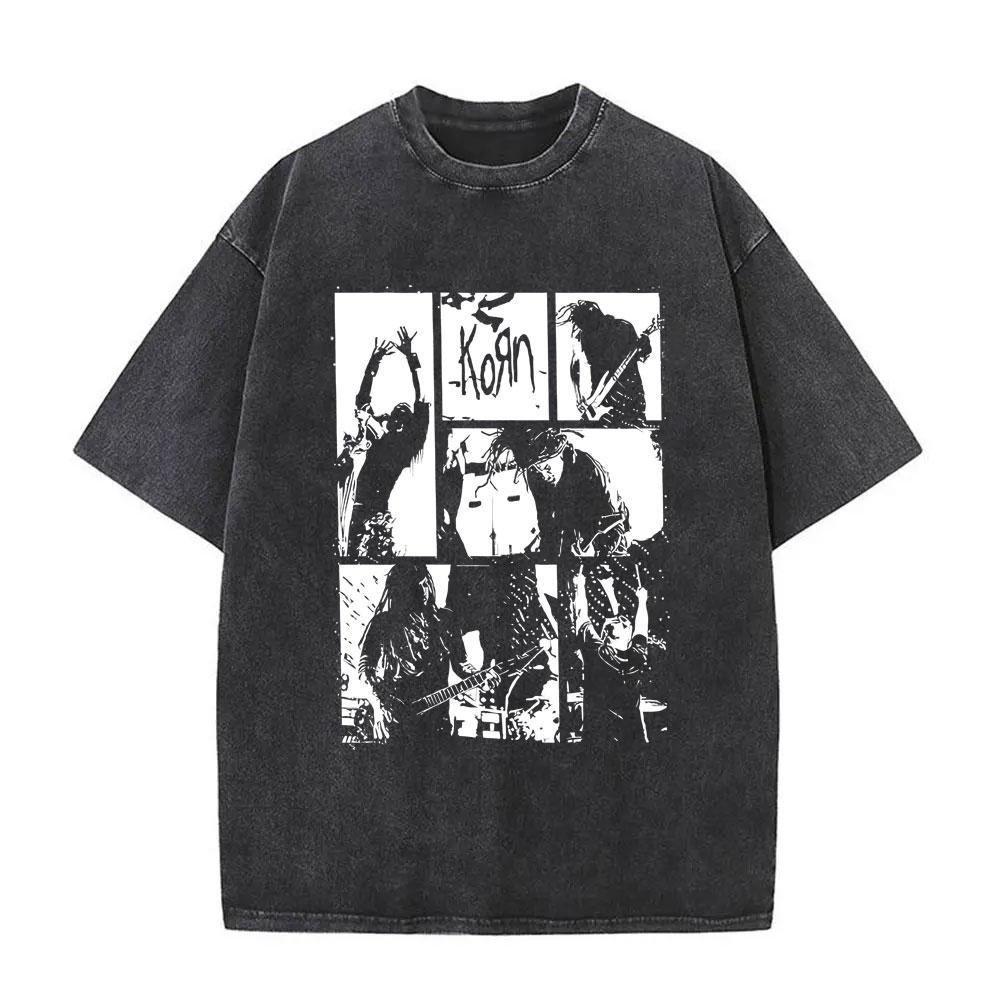 Washed Vintage Rock Band Korn Graphic Print T-shirt Male Metal Music Oversized T-shirts Men Women Kawaii Cute Pink T Shirt