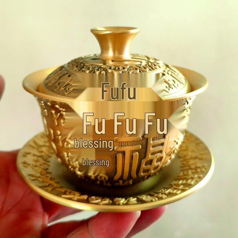 Антикварный набор чайных чашек из латуни: Мотив Дракона и Феникса с бронзовыми украшениями, коллекция из 3 предметов