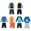 Boys Two Piece Swim Set Long Sleeve Cartoon Shark Print Top Swim Shorts Waves Design Beach Bathing Suit