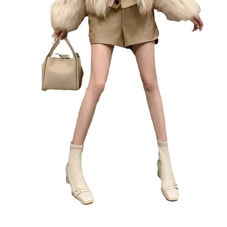 Rhinestone Buckle French Square Head High Heel Elastic Thin Boots Versatile Commuter Thick Heel White Short Boots Women'S Spring Autumn Single Boots