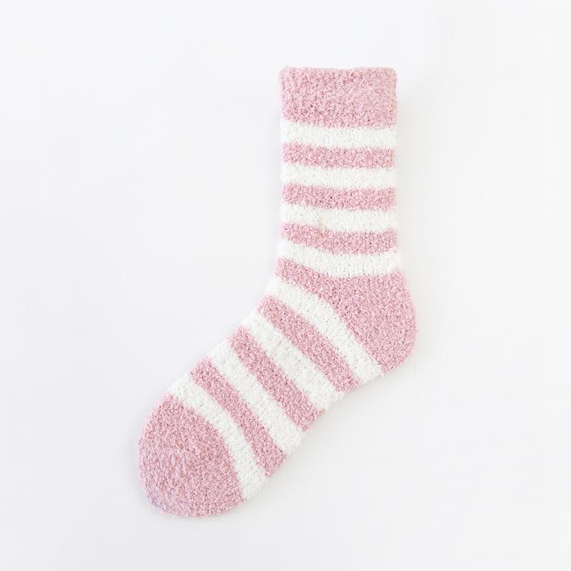 Women's Cozy Striped Coral Fleece Socks - Mid-Tube Warm, Plush Floor/Bed Socks for Autumn & Winter