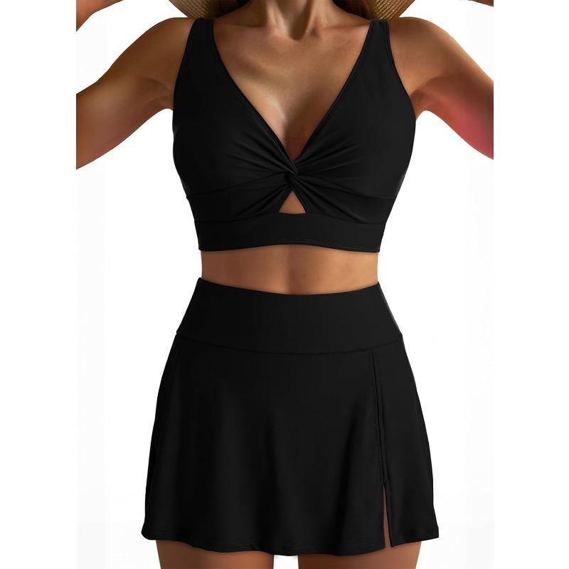 New Solid Color Women's Split Swimsuit Deep V Hollow Top High Waist Culottes Women's 2-piece Swimming Set