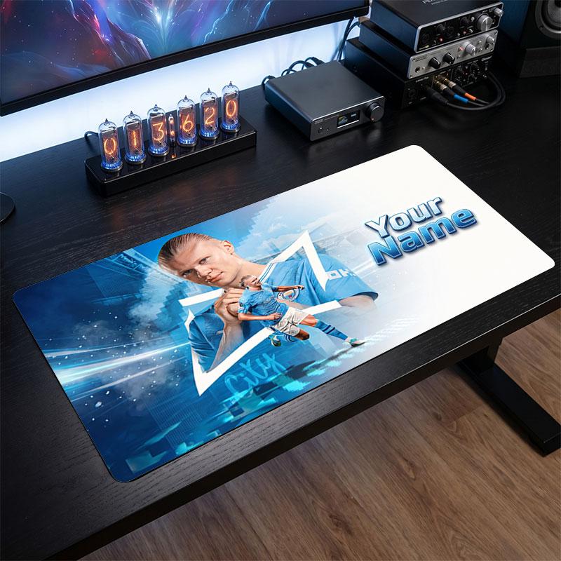 Erling Haaland Custom Large Mouse Pad, Personalized Name Text Print, Football Logo Non‑Slip Desk Mat Gaming Gift