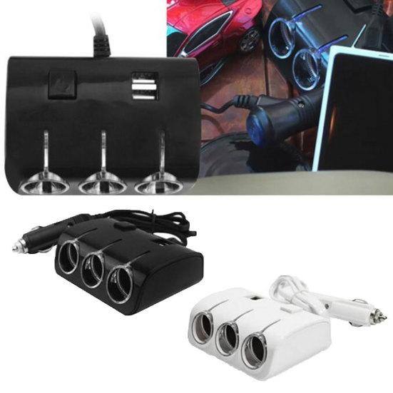 120W Car 3 Cigarette Lighter Sockets Splitter 2USB Ports Charger Power Adapter
