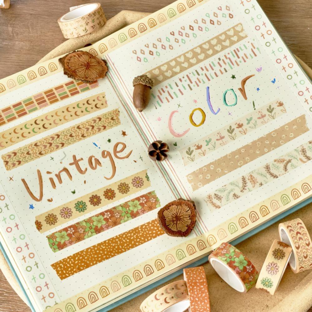 10 Rolls Retro Boho Washi Tape Set Vintage Bohemian Tribal Motifs Sun Moon Plants Decorative Masking Tape for Journaling