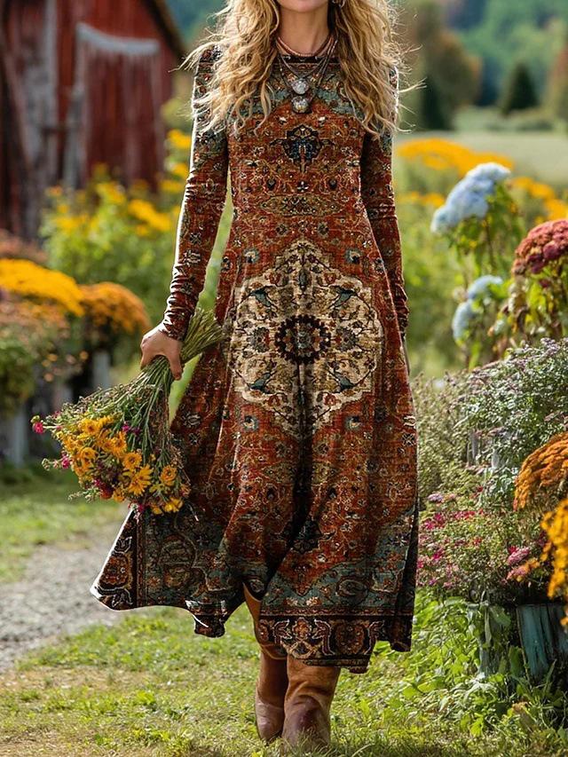Женское среднедлинное платье в богемно-ретро стиле с принтом, А-силуэта, для отпуска