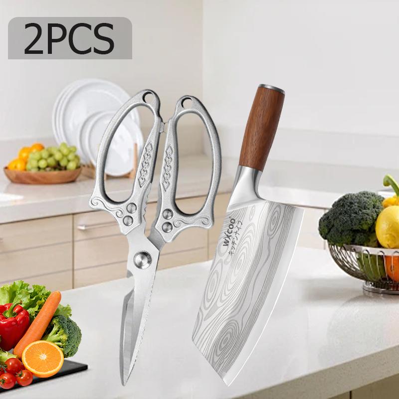 1PCS WXCOO Stainless Steel Kitchen Knife Scissor Set Fruit Slicing Multifunctional Bottle Opener Chef Knife Wooden Handle