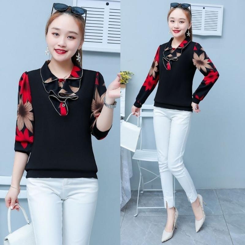 Spring and Autumn New Women's Lapel Loose T-shirt Women's Fashionable Mom Long-Sleeved Thin Style Bottoming Shirt