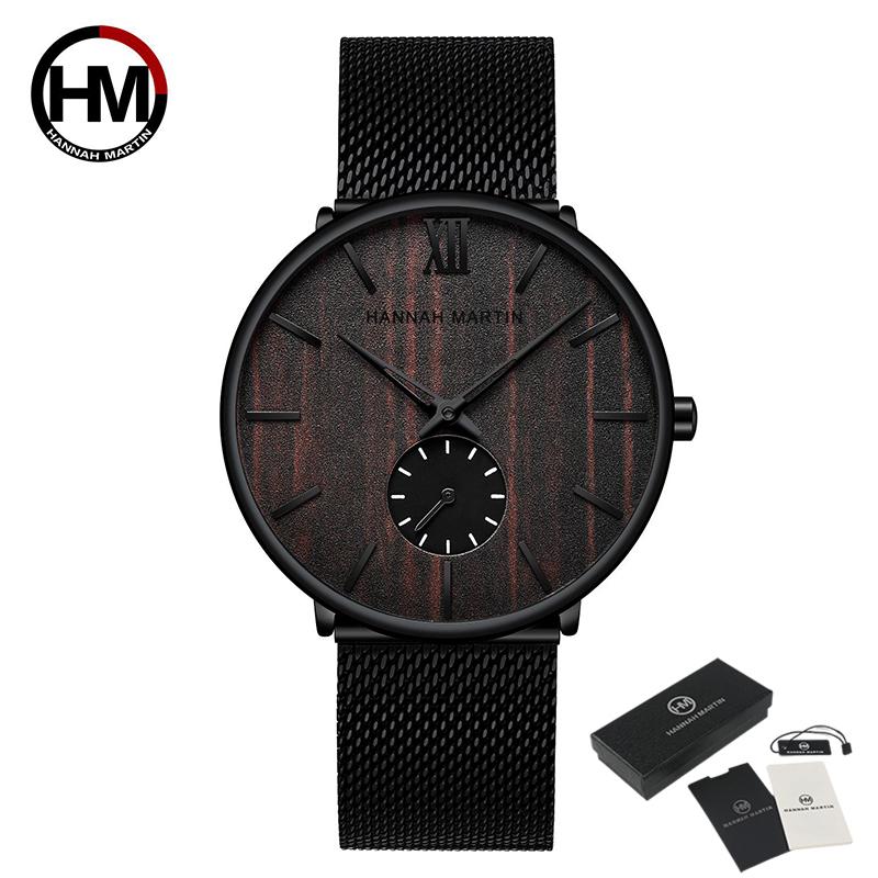 Hannah Martin Men's Quartz Watches Fashion Ultra Thin Watches Simple Men Business Mesh Belt Quartz Watch Male Wristwatches Cherry Ebony Walnut Wood