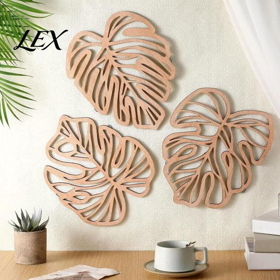 Nature Inspired Wall Art 3Pcs Hollow Monstera Leaf Decoration, Wooden Tropical Hanging Plaque, Decorative Artistic Decor Sculpture with Hook