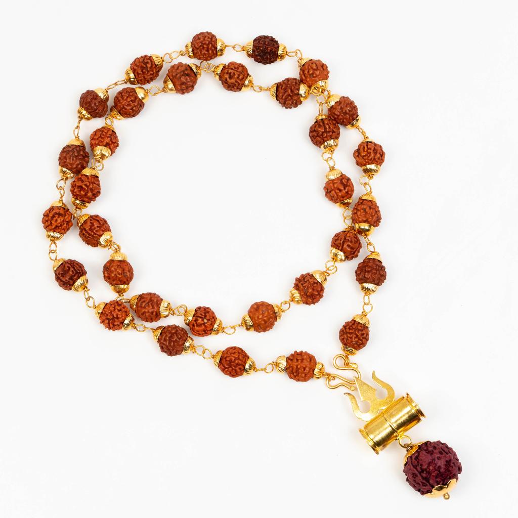 Rudraksha Mala with Brass Caps & Shiva Trishul | Natural Rudraksha Beads Necklace | Hindu Prayer Jewelry | Healing Mala | Unique Religious Gift