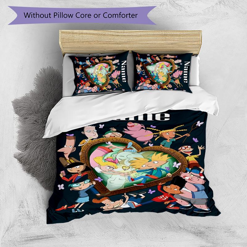 3pcs Custom Name Cartoon Hey Arnold Bedding Set Duvet Cover Closure Includes 1 Duvet Cover & 2 Pillowcases for All Seasons Bedroom Decor