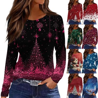 Женская модная повседневная футболка с разрезом по низу, круглым вырезом, длинными рукавами, свободного кроя, с рождественским принтом, женский топ
