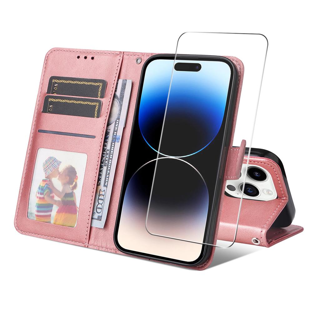 For iPhone 15 Pro PU Leather Wallet Case Phone Stand Cover with Tempered Glass
