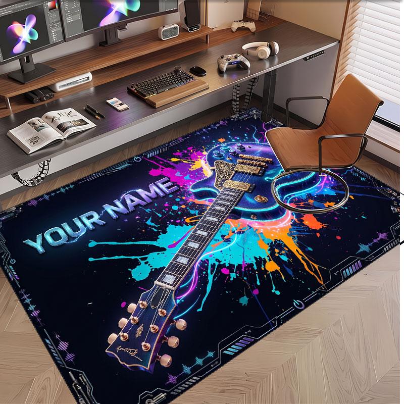 Music Guitar Theme Soft Crystal Velvet Rug Custom Name & Text Print Non Slip Floor Rug for Bedroom Living Room