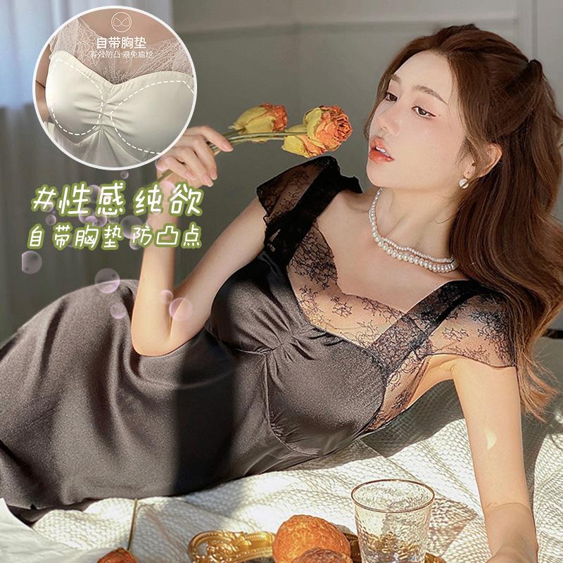 1011 new nightgown women's summer ice silk thin court temperament French fairy long dress sexy pajamas women