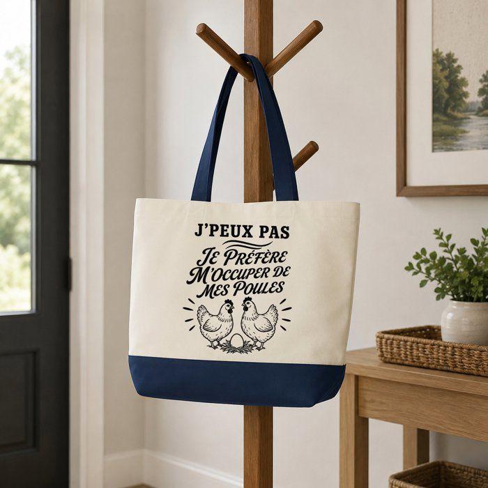 Grand Sac Cabas Fond Bleu J’peux pas je préfère m’occuper de mes Poules J'peux pas minimaliste | Toile de Coton 170 g/m² 27 L Poche