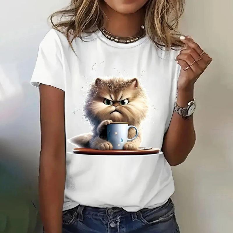 Summer Women's T Shirt Casual Short Sleeve 3d Cat Print T Shirts Fashion Streetwear Crew Neck Pullover Oversized Female Clothing