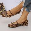 Fashion Autumn Temperament Square Toe Shallow Single Shoes Women's New Leopard Print Metal Buckle Low Heel Mary Flats