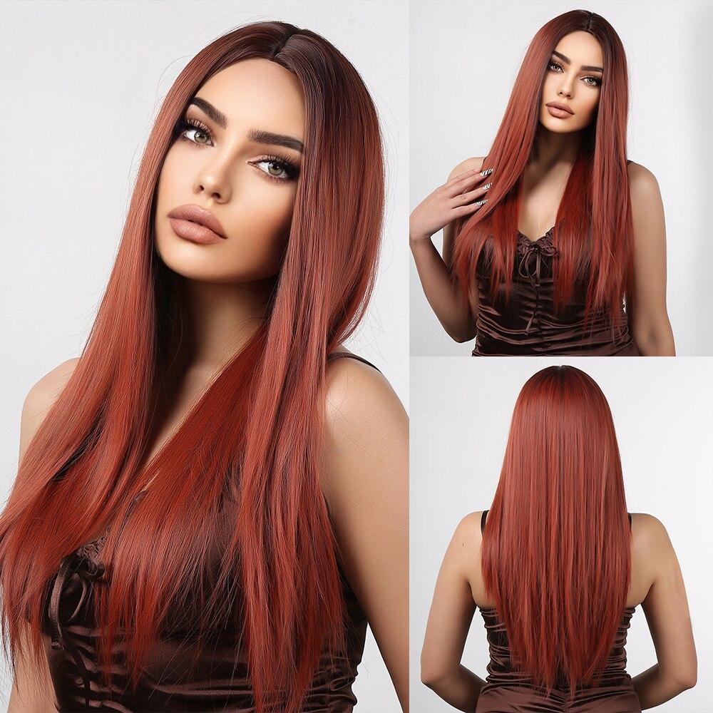 ALAN EATON Длинные шелковые прямые Ombre коричневые блондинки золотые синтетические парики для женщин термостойкие натуральные парики из натуральных волос средней части