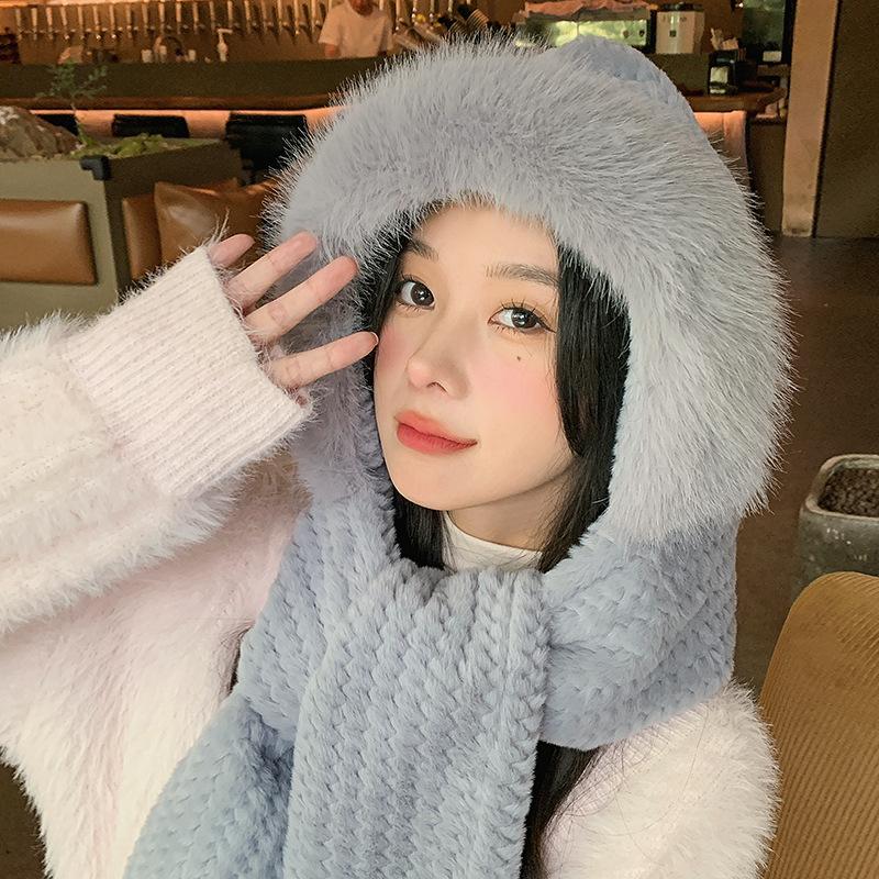 Autumn and Winter Plush Hat, Women's Large Head Circumference, Windproof Ear Protection Scarf, Integrated Hooded Thickened Warm Wool Hat