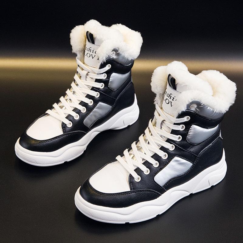 Women 's Winter Boots Black White Fur Boots Genuine Leather Ankle Booties Plush Warm Shoes Sneakers Snow Boots Plus Size 35-42