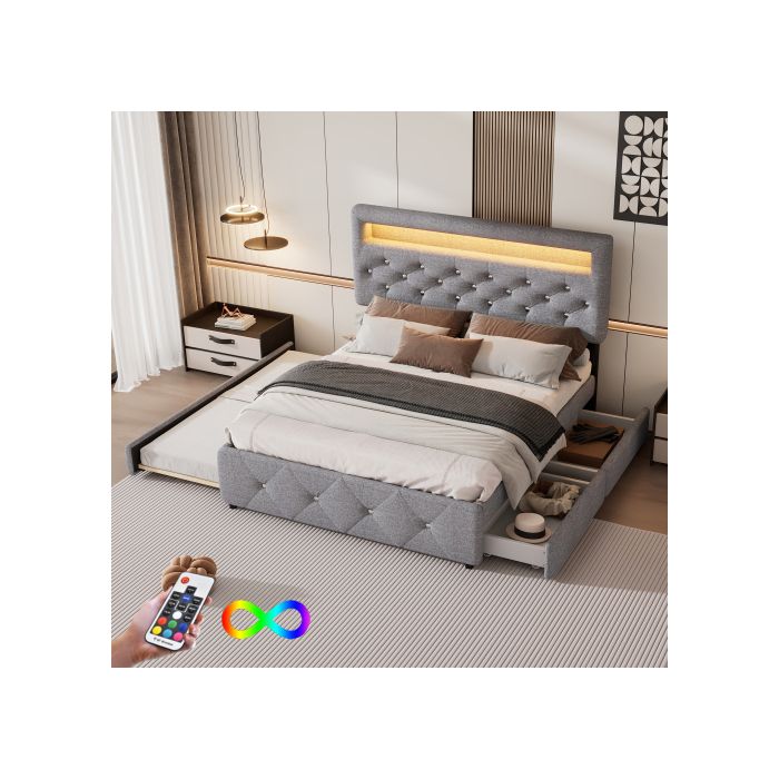 Lit rembourré - MUVOE - 140x200 cm - 2 tiroirs - Table de chevet avec lampe - Gris