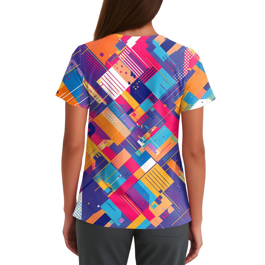 Женский модный рабочий топ с V-образным вырезом, принтом, короткими рукавами, карманом, боковым разрезом, базовый пуловер