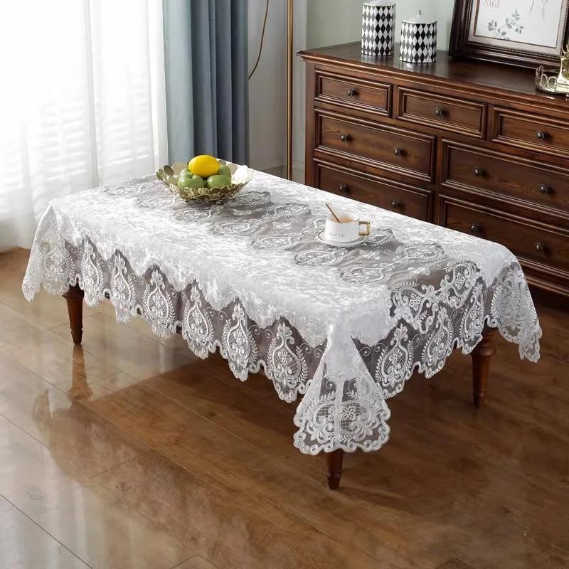 White Gold Velvet Rectangular Tablecloth With Embroidered Lace Edge For Dining Table And TV Cabinet Dust Cover