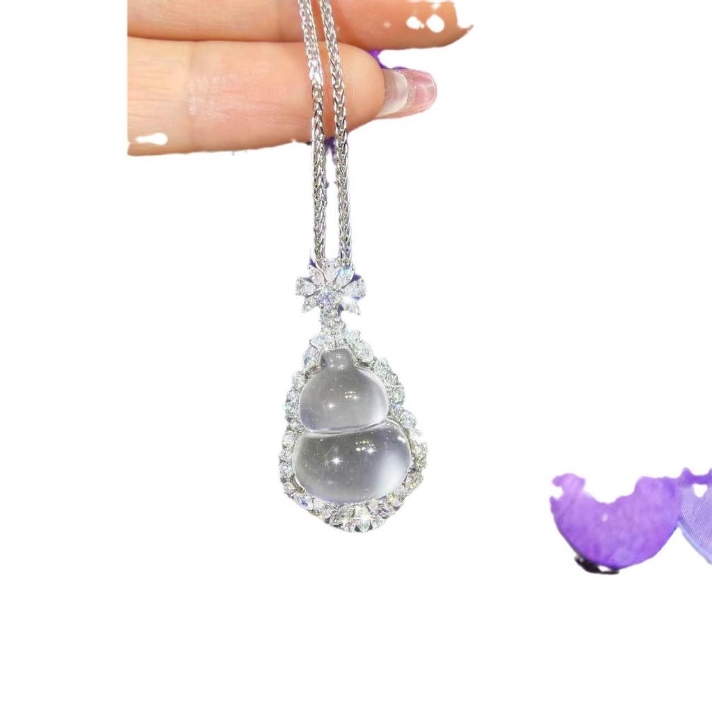 Подвеска-тыква из чистого серебра S925 с натуральным миццонитовым жадеитом - Высокий сорт льда для женщин, с китайским шармом Фу Лу