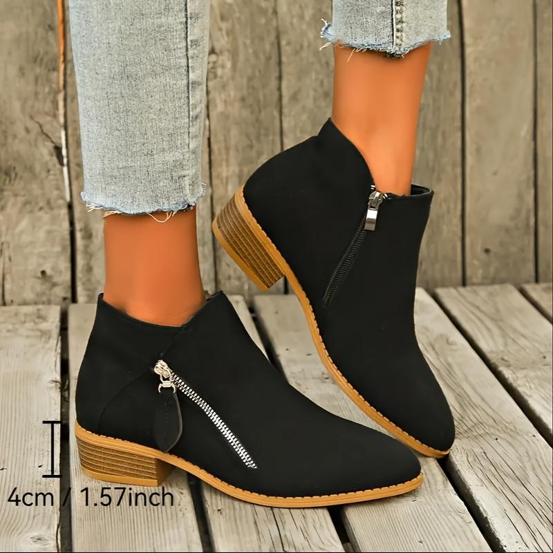 Женские ретро однотонные ботильоны - Ботильоны на толстом каблуке 1,57 дюйма - Удобные всесезонные ботильоны на толстой подошве с боковой молнией и заостренным носком