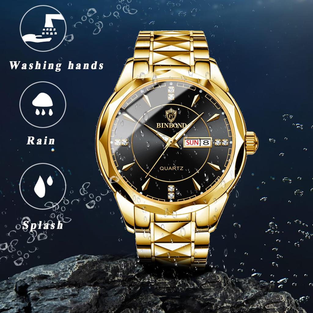 Gold Analog Simple Day of the Week Calendar 3ATM Waterproof Casual Business Stainless Steel Strap Watch Day Day Christmas Present Men's Men's -