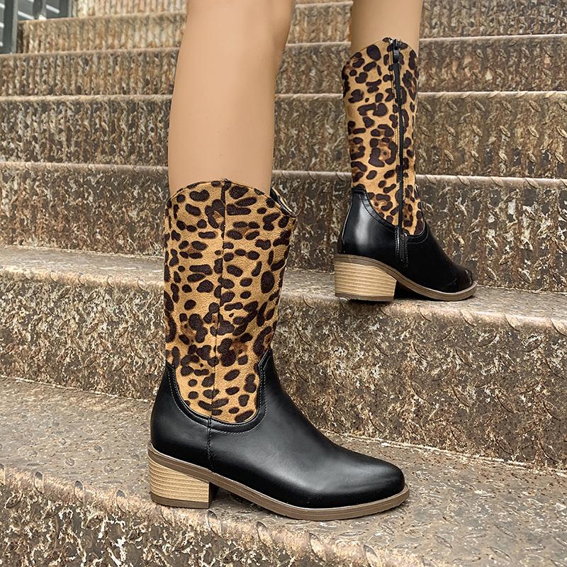 Модные сексуальные женские леопардовые сапоги с острым носком до середины голени из искусственной кожи с толстым каблуком в стиле пэчворк, размер плюс 43, осенне-зимняя женская обувь для подиума