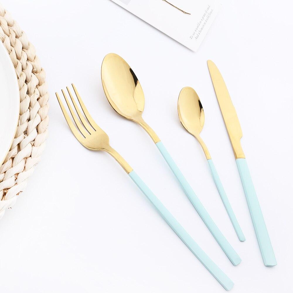 24 Pieces Sets Kitchen Tableware Cutlery Set Mint Green Gold Stainless Steel Dinnerware Set Food Flatware Mirror Silverware Set