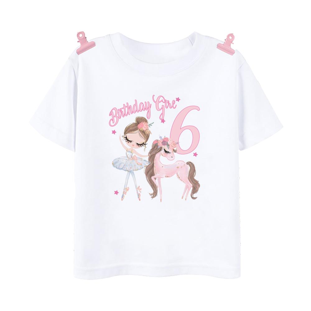 Детская розовая футболка с принтом балерины и пони для детей от 1 до 12 лет, наряд на день рождения, топы, футболка с коротким рукавом для девочек, одежда, подарок для девочки