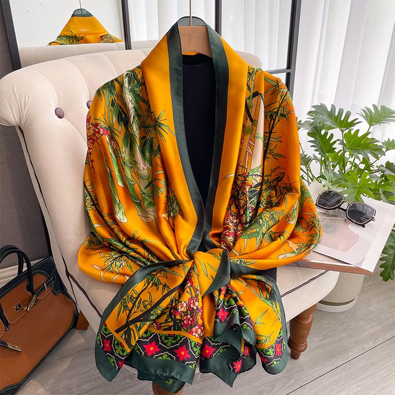 Women Popular 180X90CM Print Silk Scarves Satin Shawls Female Letter Beach Lady Towel Fashion Long Bandanna Foulard Wrap Muffler