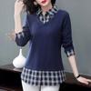 Cotton Shirt Women's Fall and Winter Plaid Fake Two-piece Comfortable Pullover Tops Big Yards Bottoming Shirt Casual Pullover Tops