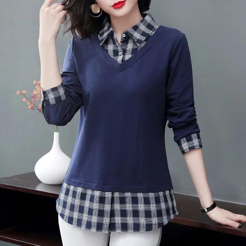 Cotton Shirt Women's Fall and Winter Plaid Fake Two-piece Comfortable Pullover Tops Big Yards Bottoming Shirt Casual Pullover Tops