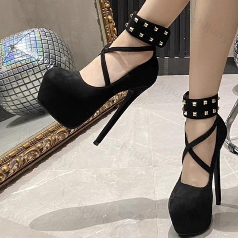 Fashion Women High Heel Fashion Metal Rivets Ankle Strap Platform Pumps Sandals Women Wedding Party Sexy Platform Stripper Design Shoes
