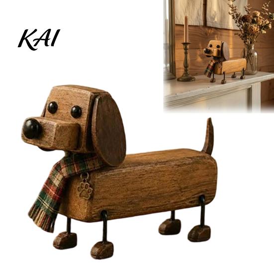 Retro Dog Decor Plaid Scarf Dachshund Figurine, Statue with Paw Resin Puppy Ornament Print Charm, Handcrafted Mini Desktop Decoration Miniature