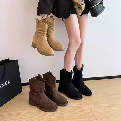Толстый каблук 2025 замшевый ворс новые ботинки Мартин темпераментные ботинки женские короткие ботинки универсальные осень и зима острый носок тонкая мода