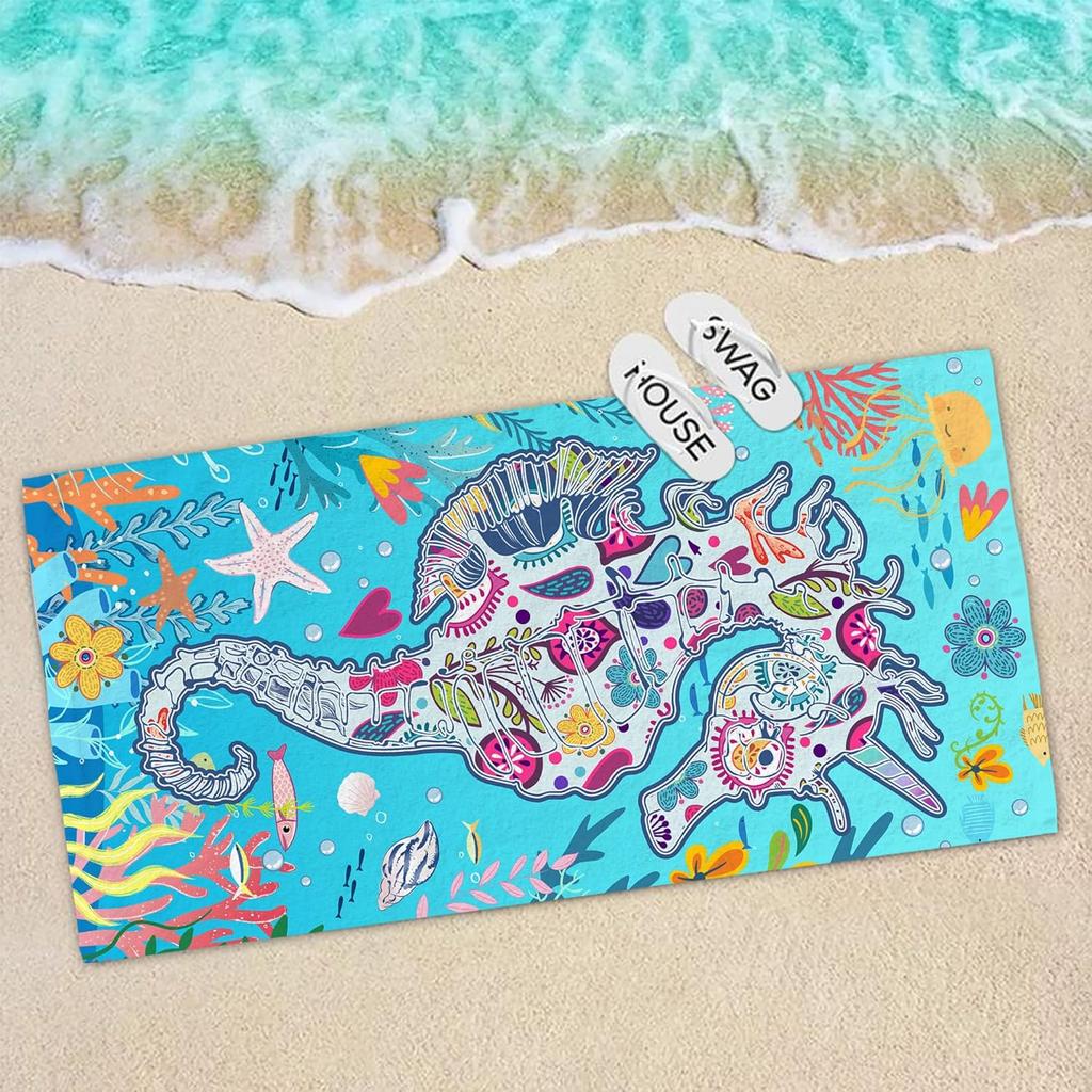 Bonsai Tree Seahorse Beach Towel,Blue Microfiber Bath Towel for Women,Sand Free Quick Dry Travel Towels Seahorse Gifts for Women