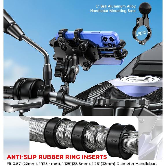 Motorcycle Phone Mount With Vibration Dampener, Anti-Shake Bike Phone Holder With Aluminum Alloy Handlebar Clamp, One-Handed Operation Motorcycle
