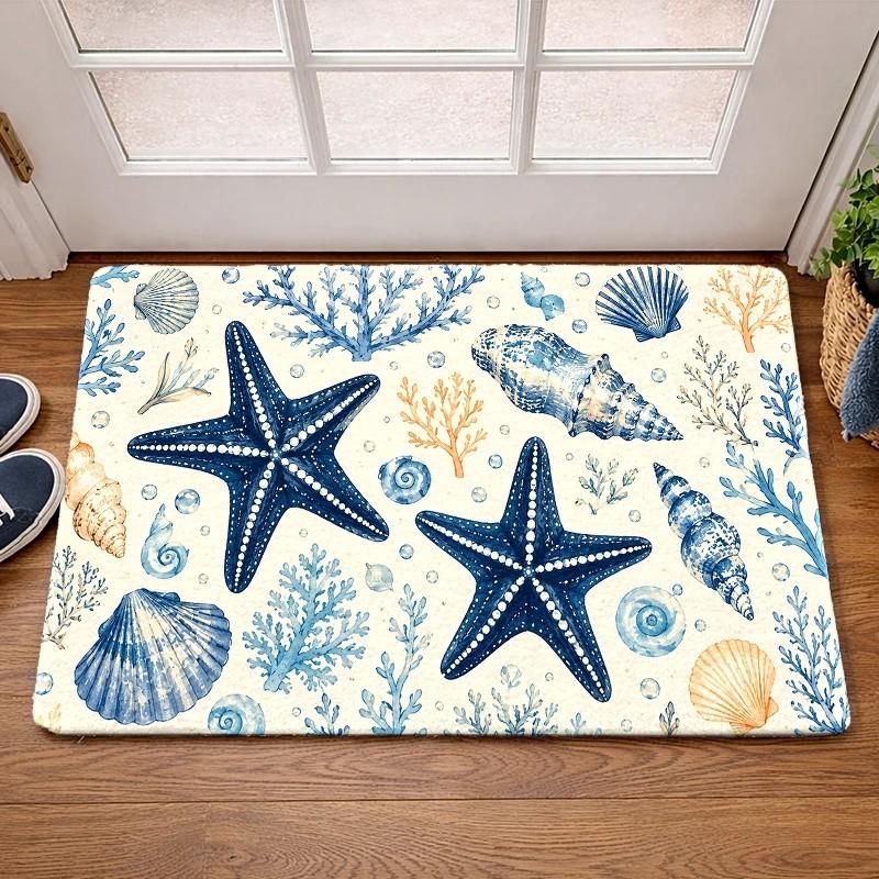 Blue Watercolor Starfish Shell Doormat Coral Ocean Pattern Coastal Beach Front Door Mat