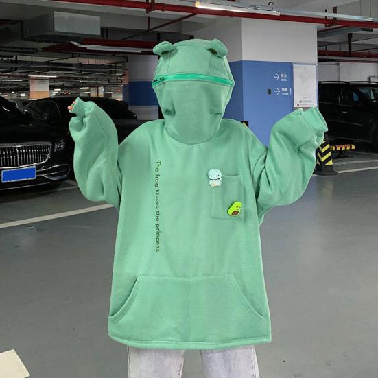 Унисекс Осень Зима Толстовка с капюшоном в форме лягушки Молния Капюшон Утолщенный плюш Теплый Вышитые буквы Большой карман Длинные рукава Пара Поездки на работу На Открытом Воздухе Отдых