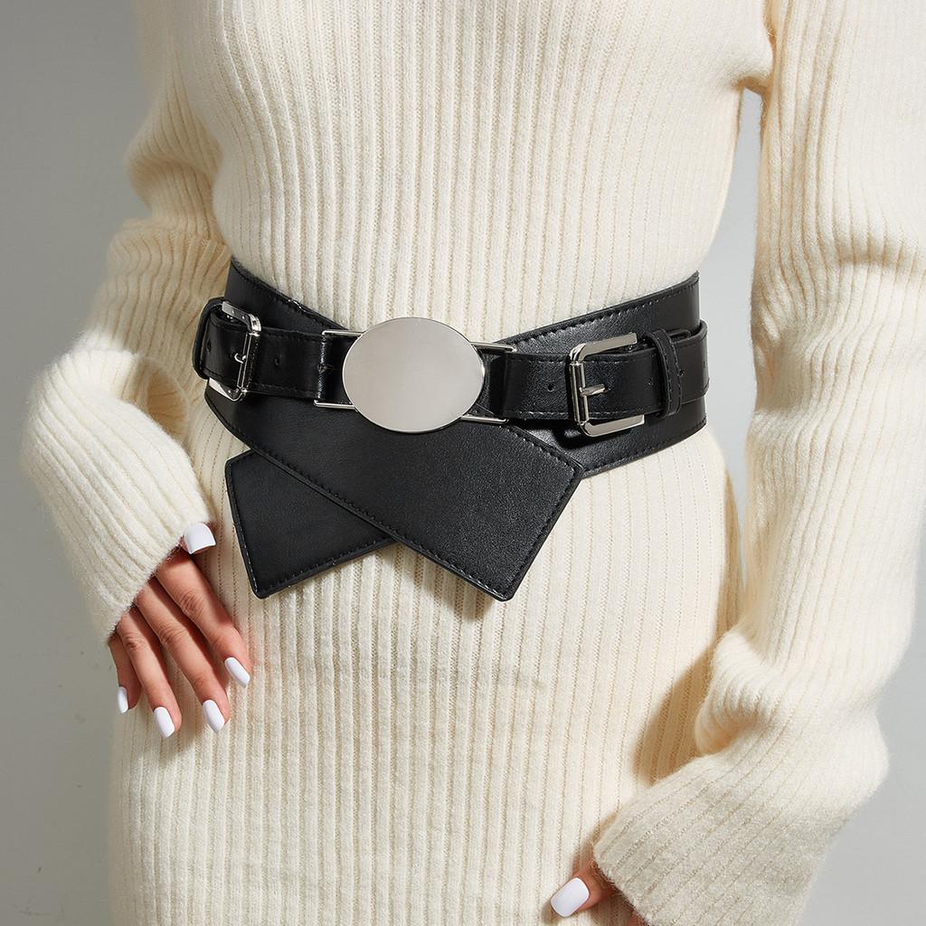 Wide Faux Leather Belt For Women With Square Buckle Handmade Beaded Decor For Autumn Winter Fashion
