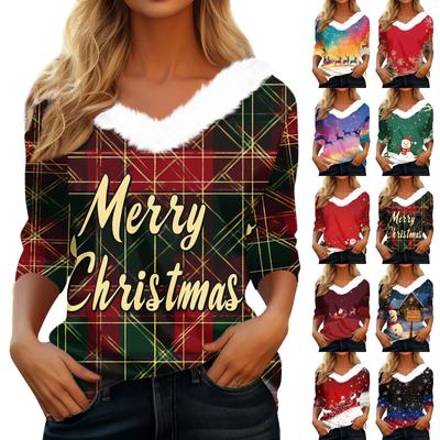 Женская мода с длинным рукавом и рождественским принтом, праздничный воротник, V-образный вырез