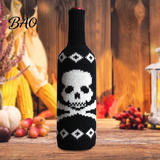 Wine Bottle Protector for Halloween Sweater, Reusable Knitted Champagne Cover, Pumpkin Skull Decorative Cover Spider Pattern Sleeve Decoration Dining