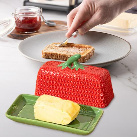 Butter Dish with Lid Strawberry-Shaped Ceramic Butter Keeper Microwave & Dishwasher Safe Butter Storage Container Hand-Painted Kitchen Serving Tray