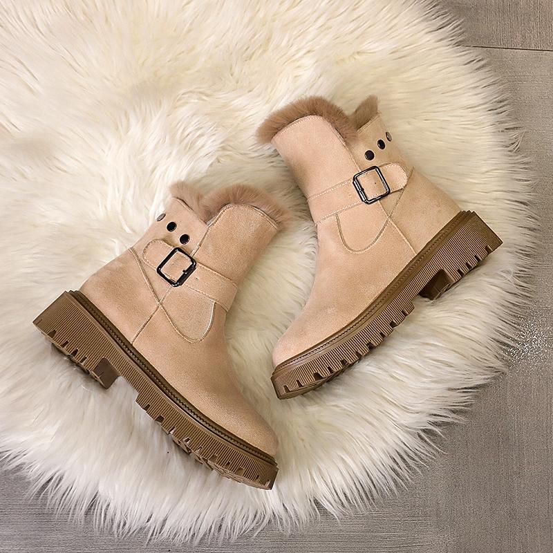 Женские меховые замшевые зимние сапоги на платформе, плюшевые теплые туфли на высоком каблуке, зимняя мода 2025 года, нескользящие, массивные туфли для ходьбы, модные ботинки Mujer
